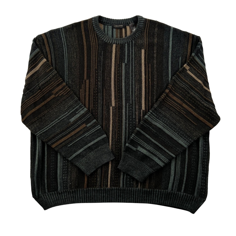 Cellinni Mens 3XL 3D Textured Knit Sweater Earth Tone Abstract Stripe Wool Cosby